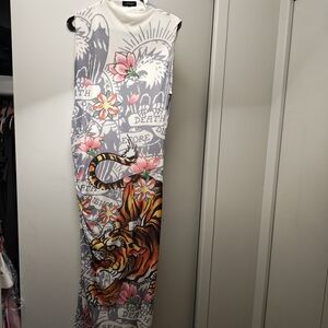 Ed Hardy White and Gray Graphic Maxi Dress